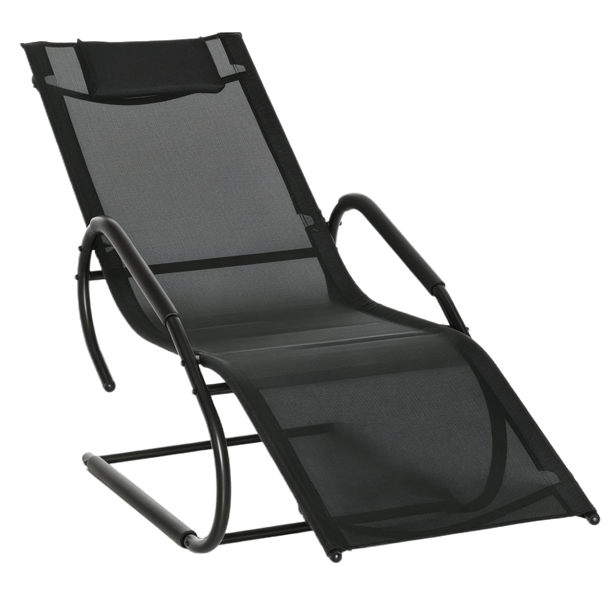 Espreguiçadeira de Jardim Ergonómica com Apoio para a Cabeça e Apoio para os Braços Espreguiçadeira Estofada em tecido Textilene Respirável para Terraço Pátio 59,5x160x83cm Preto — foto 1