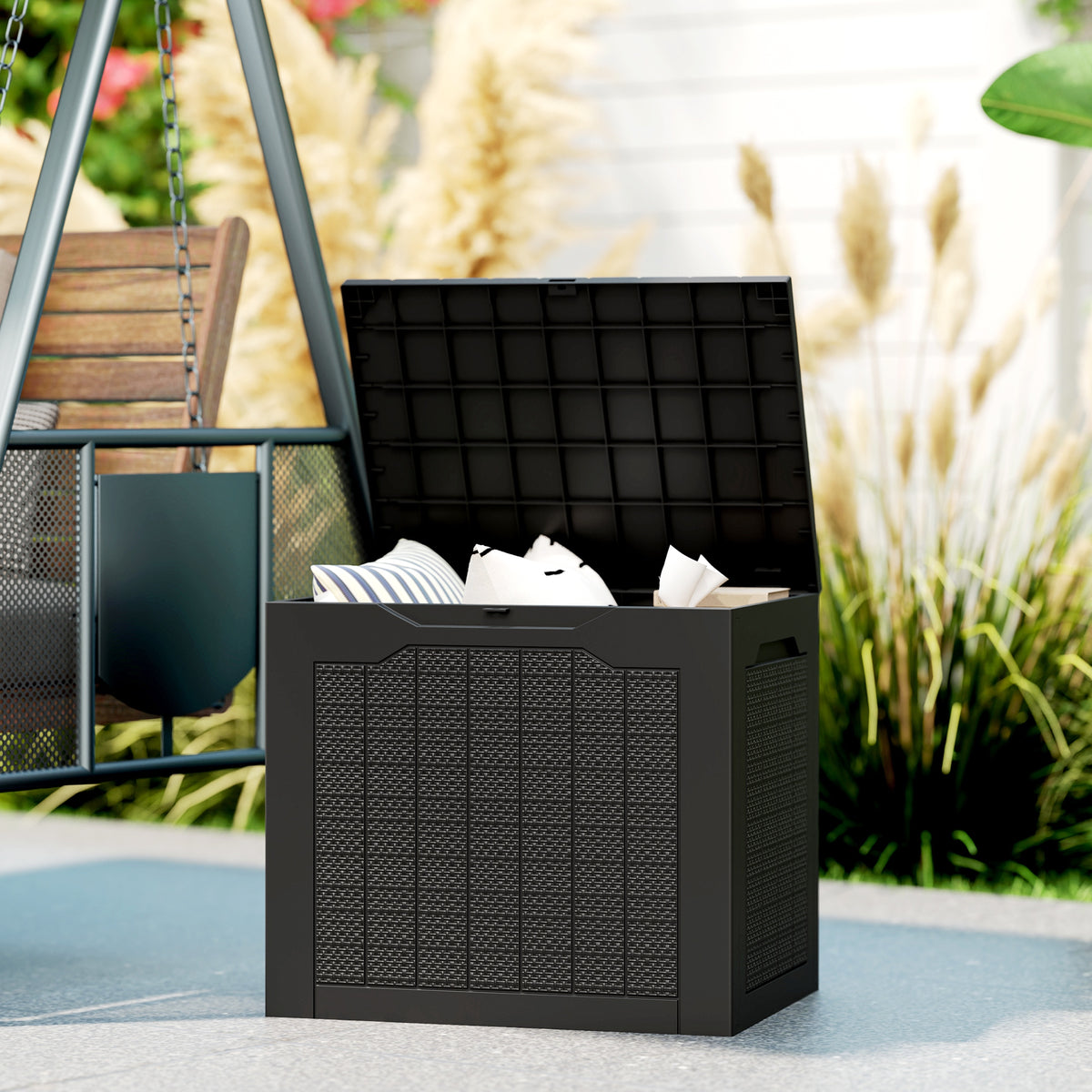 Baú de Armazenamento Exterior 93L Caixa de Armazenamento de Jardim Pequeno de Plástico Impermeável com 2 Alças Integradas e Suporte para Cadeado 56x41x50 cm Preto — foto 2