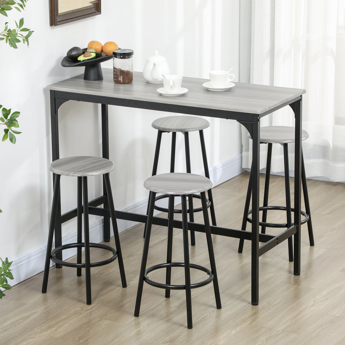 Conjunto de Móveis Altos Mesa e Cadeiras de Bar com 5 Peças Mesa de Refeição Industrial e 4 Bancos Redondos com Estrutura de Metal para Pub Sala de Jantar Cinzento e Preto — foto 2