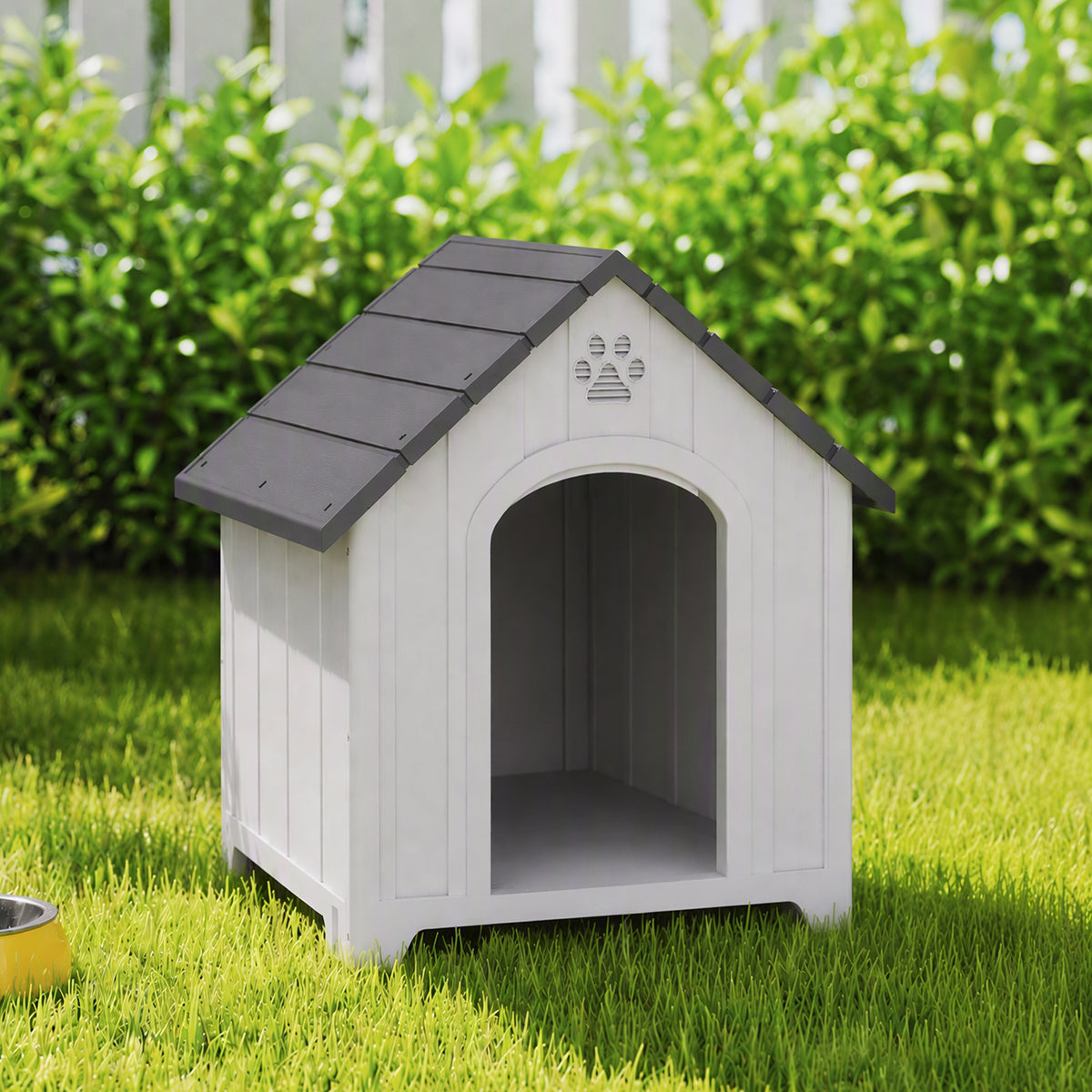 Casinha para cão exterior, casa para cão em polipropileno impermeável ventilada piso elevado 76x66x77cm cinza claro — imagem 3