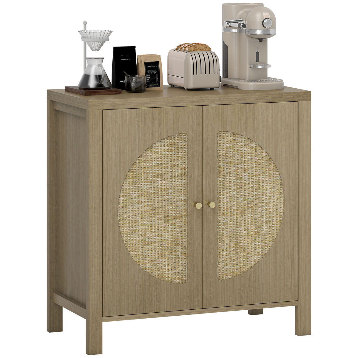 Aparador de Cozinha com 2 Portas de Vime Sintético Móvel Auxiliar de Cozinha com Prateleira Ajustável e 2 Puxadores Móvel Auxiliar Cozinha 75x38x77 cm Madeira — foto 1