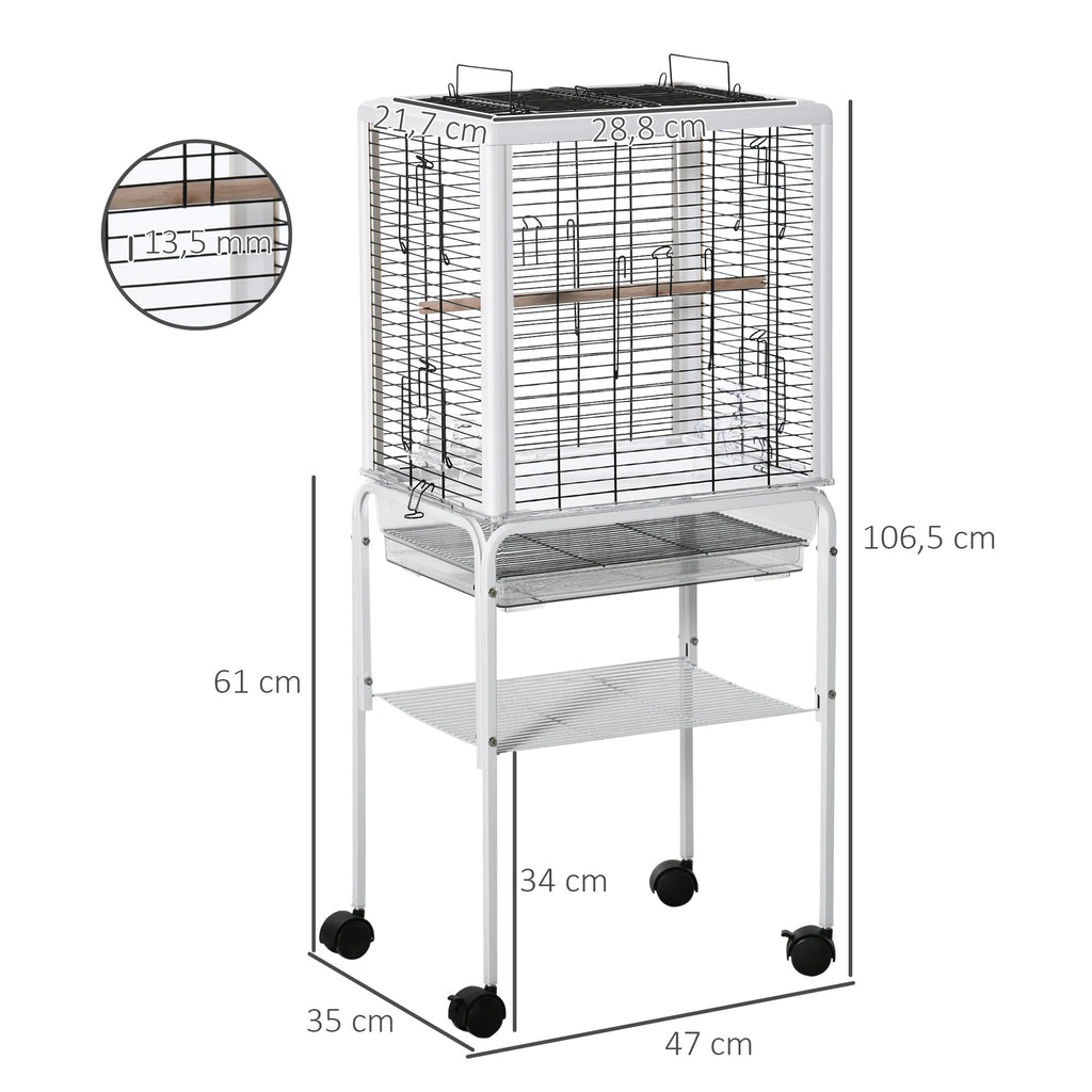 Gaiola para Passáros com Suporte Desmontável Gaiola com 4 Rodas Teto com Abertura 2 Comedouros 2 Poleiros e Bandeja para Periquitos Canários 47x35x106,5cm Branco — foto 3