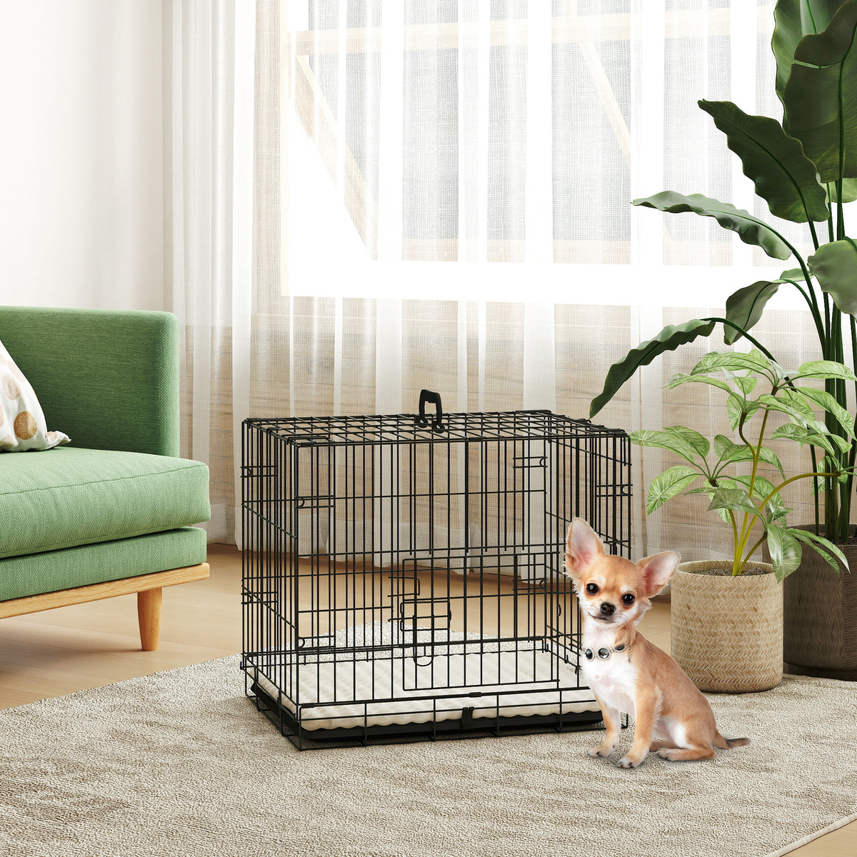Gaiola para Cães com Almofada Gaiola para Animal de Estimação Dobrável com 2 Portas Alça de Transporte Bandeja Removível Aço 60x40x50 cm Preto e Bege — foto 2