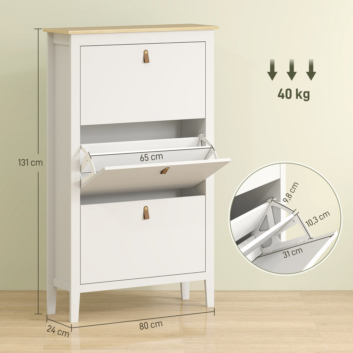Sapateira Estreita Móvel Sapateira para Entrada com 3 Gavetas Abatíveis Prateleiras Ajustáveis e Puxadores em PU para 21 Pares de Sapatos para Corredor 80x24x131 cm Branco — foto 3