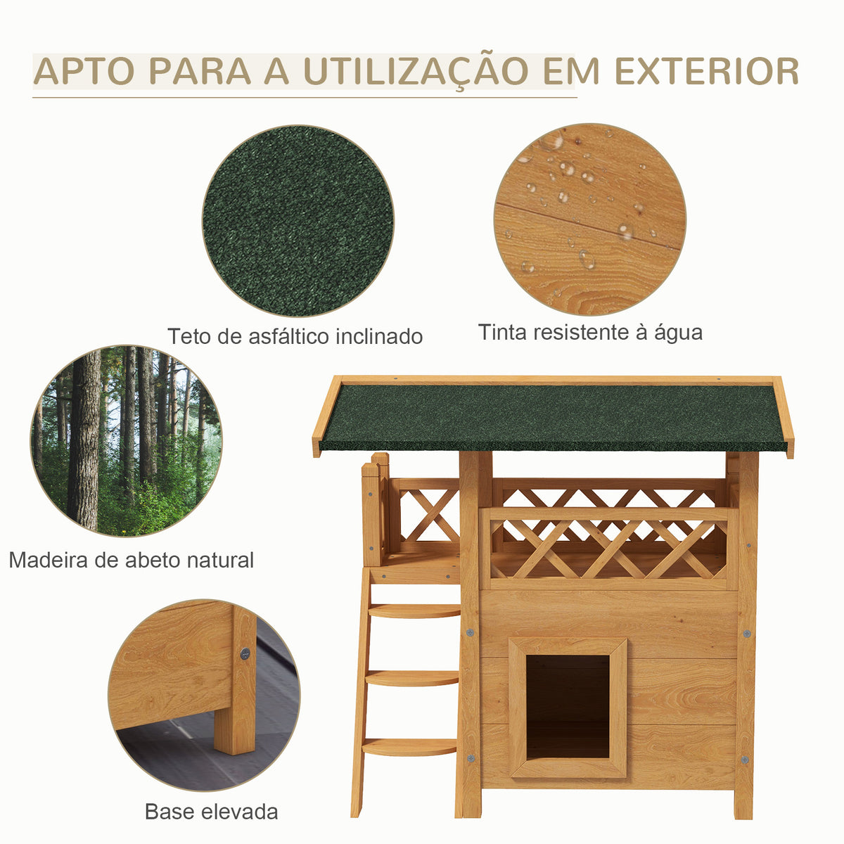 Casa para Gatos de Madeira 77x50x73 cm Casa para Gatos com 2 Níveis com Teto Asfáltico Terraço Cercado Caverna e Escada para Interior e Exterior Madeira — foto 5