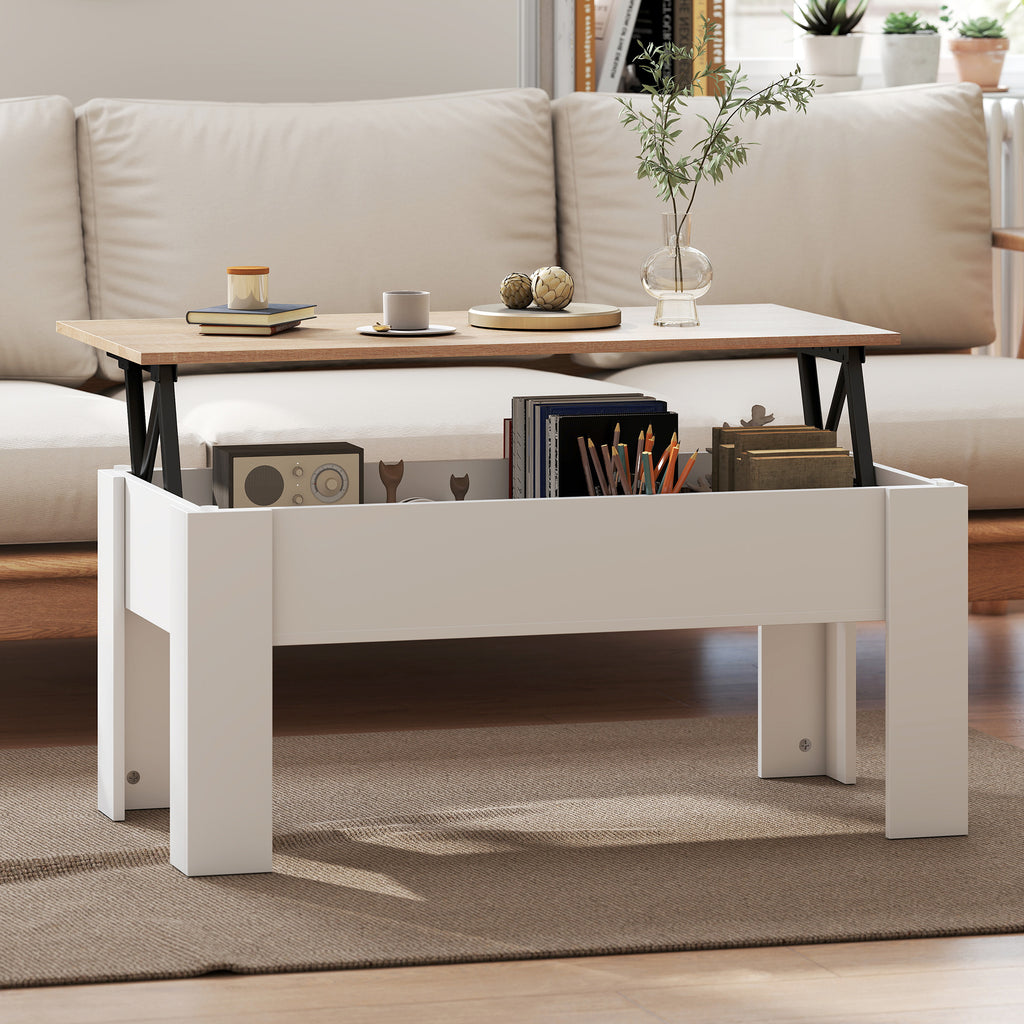 Mesa de Centro com Bancada Elevatória Mesa de Café com Compartimento Aberto e Oculto 100x50x45-58,5 cm Branco e Madeira — foto 7