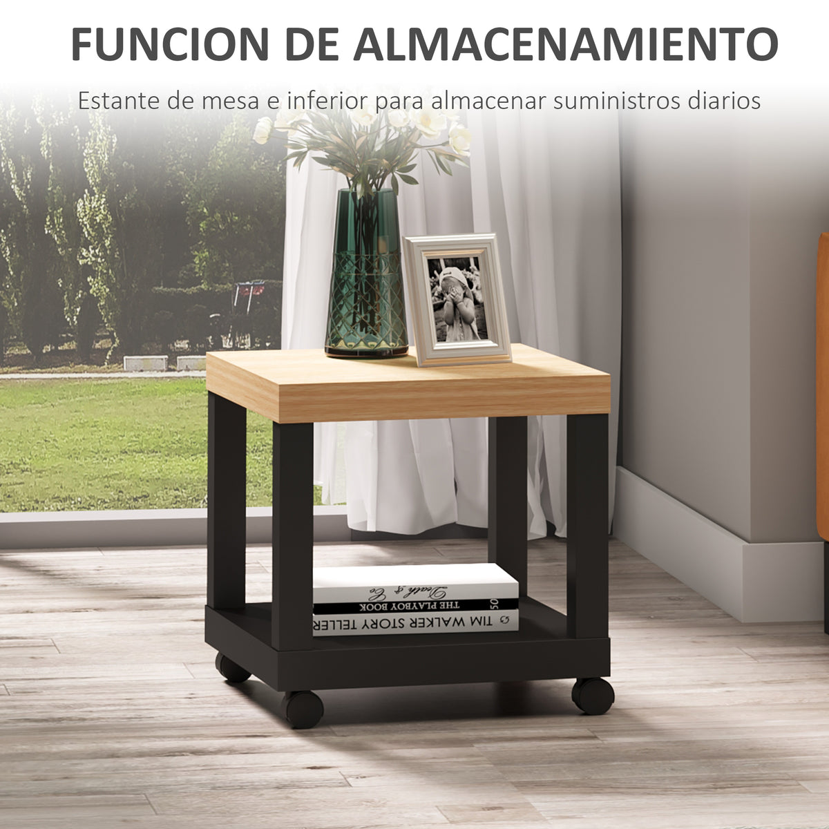 Mesa Auxiliar com Rodas Mesa Auxiliar com Prateleira Aberta para Sofá Dormitório 40x40x40 cm Branco e Madeira Preto e Madeira — foto 7