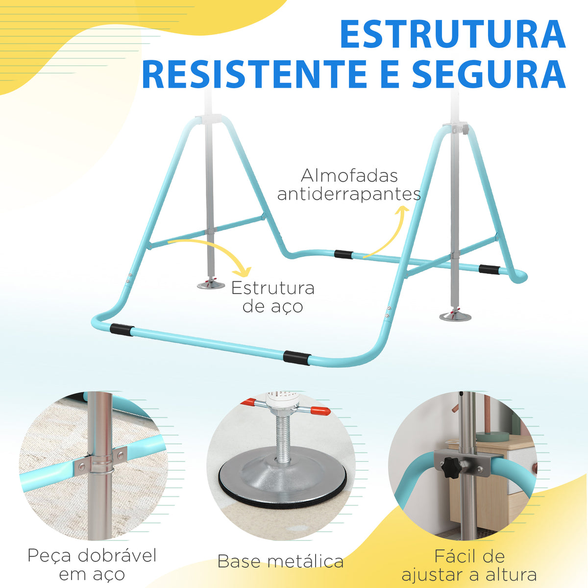 Barra de Ginástica Artística Barra Horizontal Dobrável com Altura Ajustável Equipamento de Ginástica para Treino em Casa para Crianças 154x106,2x88,5-128,5 cm Azul Celeste — foto 5