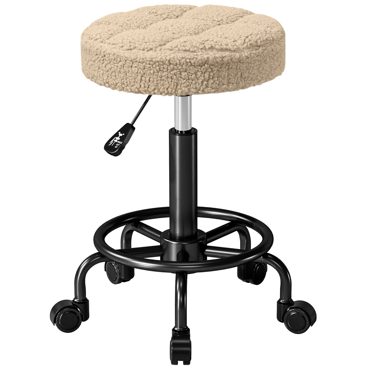 Banco Giratório Redondo Banco com Rodas Altura Regulável 50-66 cm Assento Estofado em Tecido tipo Borreguito para Salões Oficinas Spa Massagem Marrom Claro — foto 1
