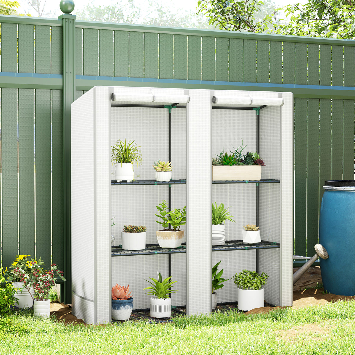 Estufa de Exterior com Teto Inclinado Estufa Pequena com 3 Prateleiras 2 Portas de Enrolar Capa de PE e Estrutura de Aço para Cultivos Plantas Flores 144x48x152 cm Branco — foto 2