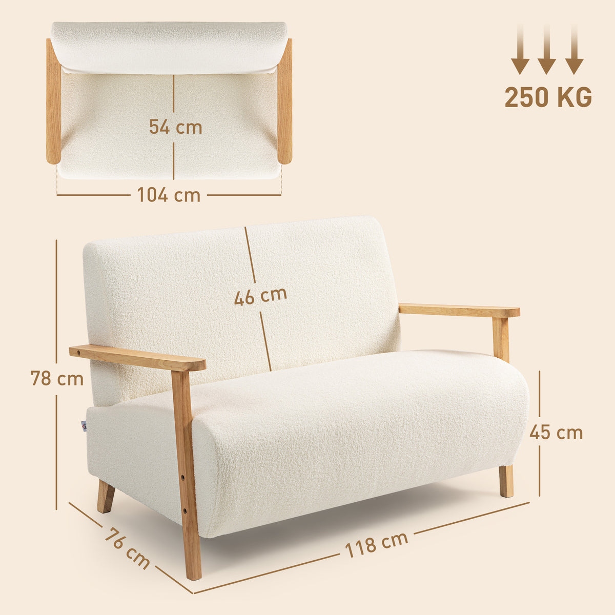 Sofá de 2 Lugares Estofado em Borreguito Sofá de Sala de Estar de 118 cm com Acolchoado Espesso Apoios de Braço e Pés de Madeira para Quarto Sala de Estar 118x76x78 cm Creme — foto 3