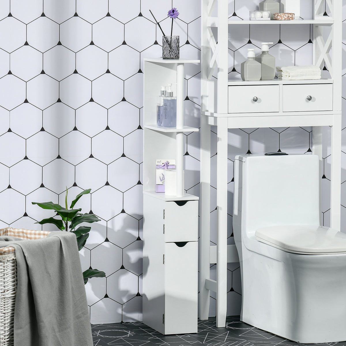 Coluna Casa de Banho com 2 Portas e 2 Prateleiras Abertas Armário Alto para Casa de Banho Sala de Estar Dormitório Estilo Moderno 15,2x29,8x118cm Branco — foto 2