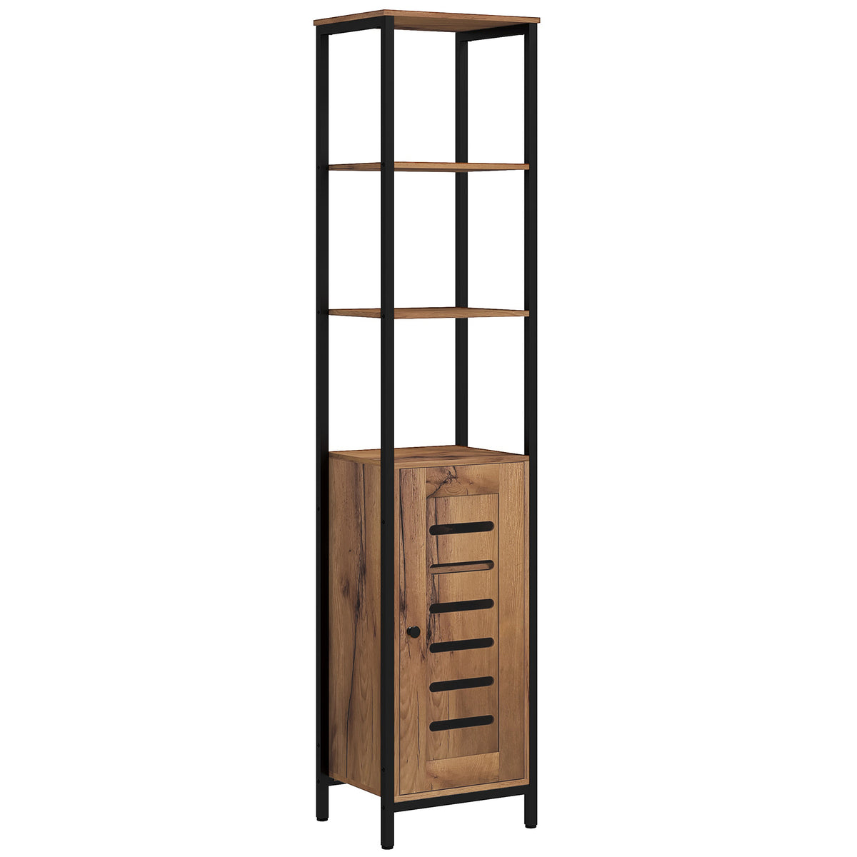 Coluna Casa de Banho Armário Alto Casa de Banho Estreito com Porta de Ripas Prateleiras Ajustáveis Compartimentos Abertos Estrutura de Aço 37x30x167 cm Castanho Rústico — foto 1