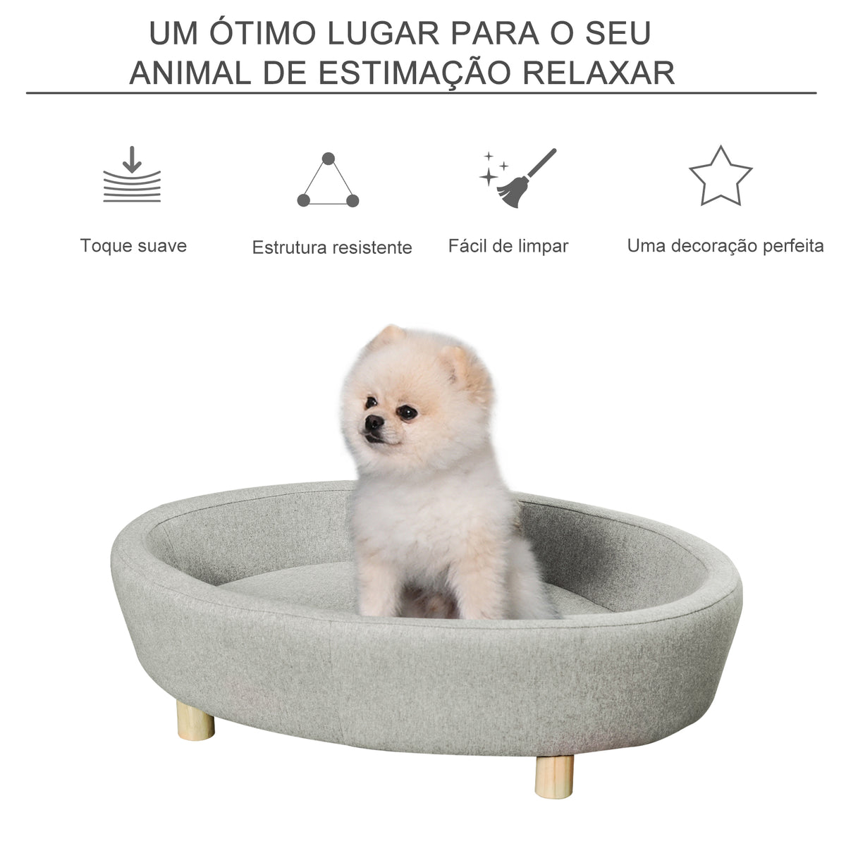 Sofá Cama para Animais de Estimação Pequenos e Medios com Almofada Acolchoada Amovível Pernas de Madeira Bordas Elevadas 81x61x24 cm Cinza — foto 7