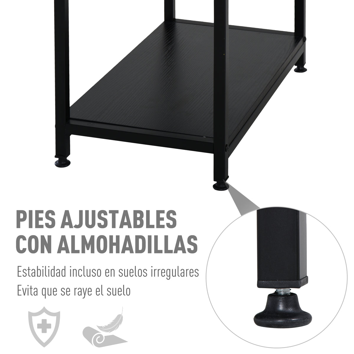Secretária para escritorio com 3 prateleiras Pernas com Almofadas Ajustáveis Anti-derrapante Estrutura de metal 140x60x93 cm Preto — foto 5