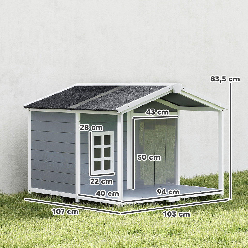 Casota para Cães Resistente às Intempéries Elevada em Madeira com Telhado de Betume Terraço para Cães de Porte Médio 103x107x83,5 cm Cinza — foto 2