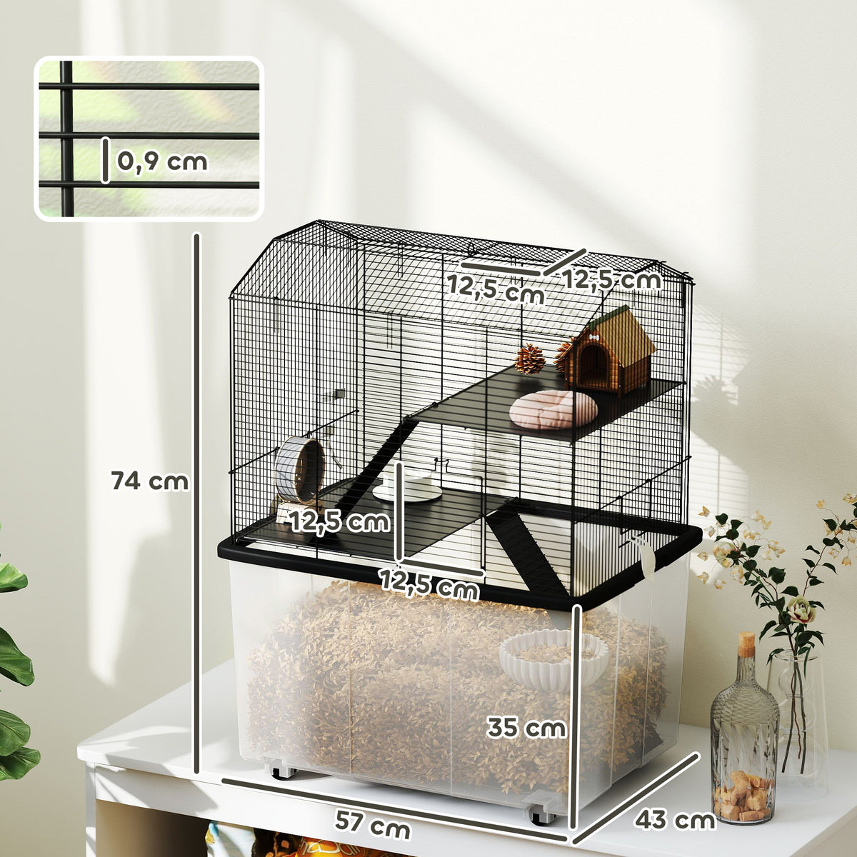 Gaiola para Hamster com Base Funda, Plataforma, Comedouro, Bebedouro, Rampa e Rodas 57x43x74 cm Preto — foto 2