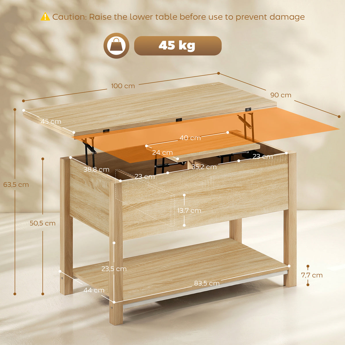 Mesa de Centro Elevável e Extensível Mesa de Sala com Compartimento Oculto Prateleira Aberta 100x45x50,5 cm Madeira Natural — foto 2