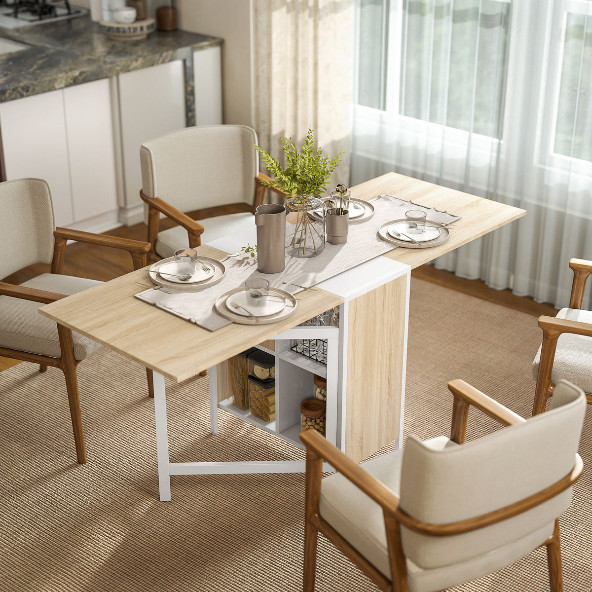 Mesa Dobrável de Arrumação 4 Prateleiras para Sala de Jantar Sala de Estar Mesa Auxiliar de Madeira 169x60x75 cm Carvalho e Branco — foto 2