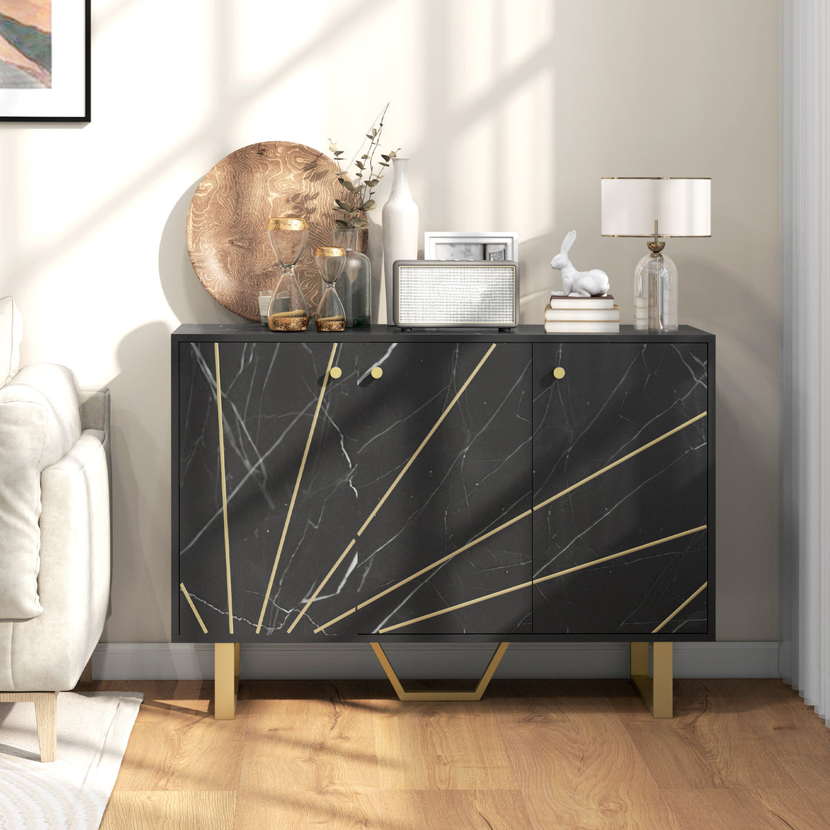 Aparador de Sala de Estar com 2 Armários e Prateleira Interior Ajustável Móvel Buffet com Efeito Mármore 107x35x75 cm Preto e Dourado — foto 2