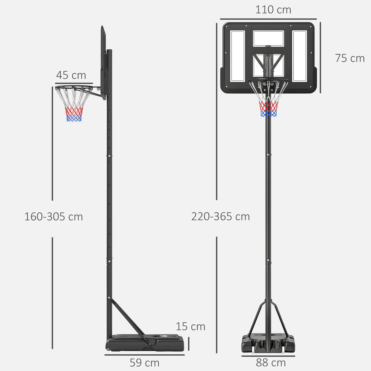 Cesta de Basquetebol de Exterior com Altura Ajustável 220-365 cm Aro de Basquetebol com Suporte Cesta de Basquetebol com Rodas Base Recarregável Preto — foto 3