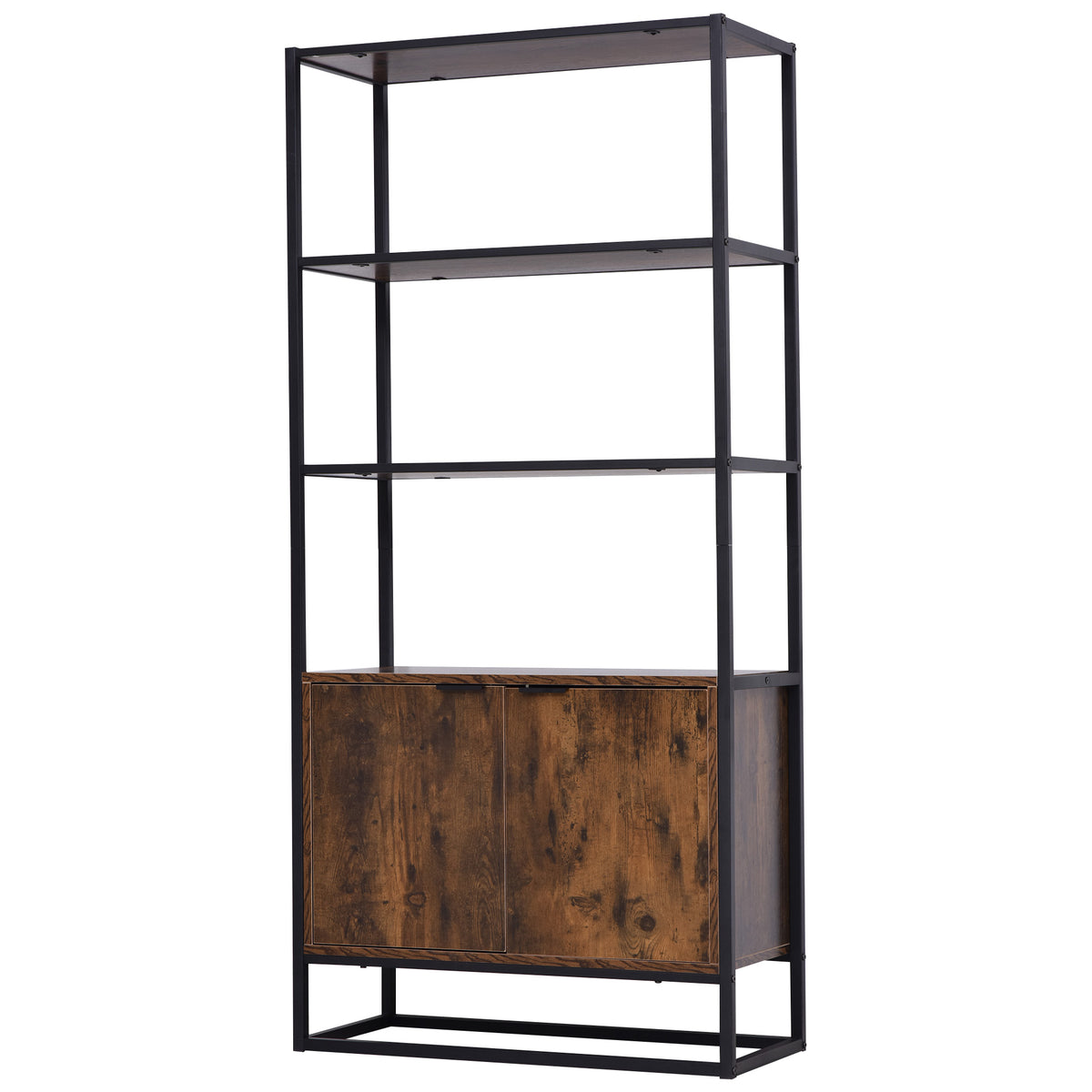 Estante com 3 prateleiras abertas e 1 armário de porta dupla com base elevada Estante multifuncional de armazenamento 76x33x162,5 cm Marrom Rústico — foto 1