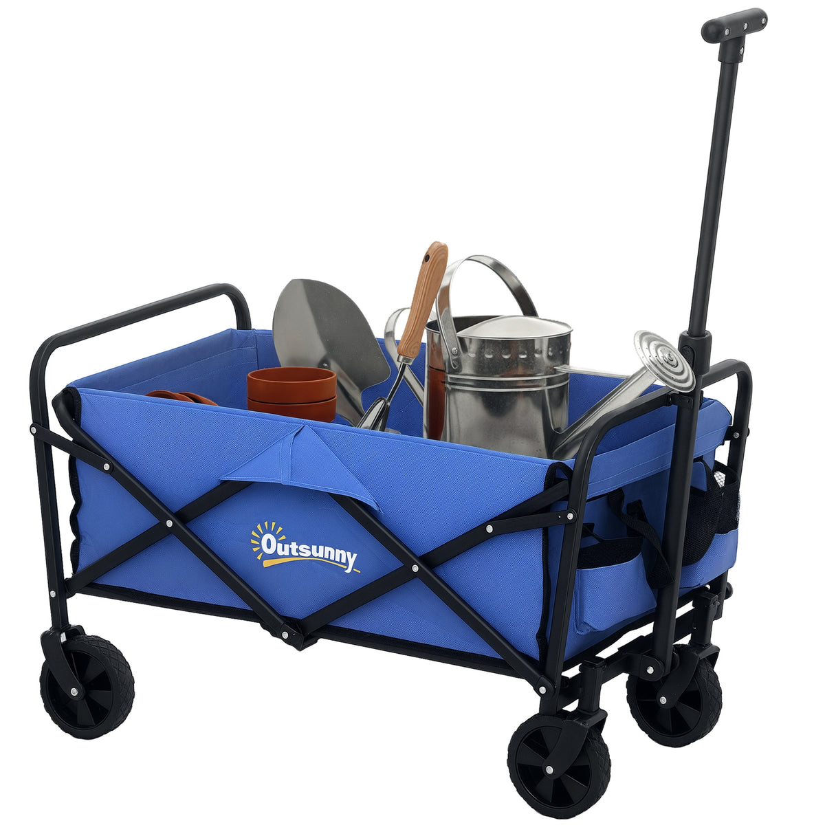 Carrinho de Transporte com Rodas Carrinho de Jardim Dobrável com Pega Telescópica Ajustável 2 Bolsas de Arrumação Carrinho de Praia Jardim Campismo Carga 120 kg 64x42x27 cm Azul — foto 1