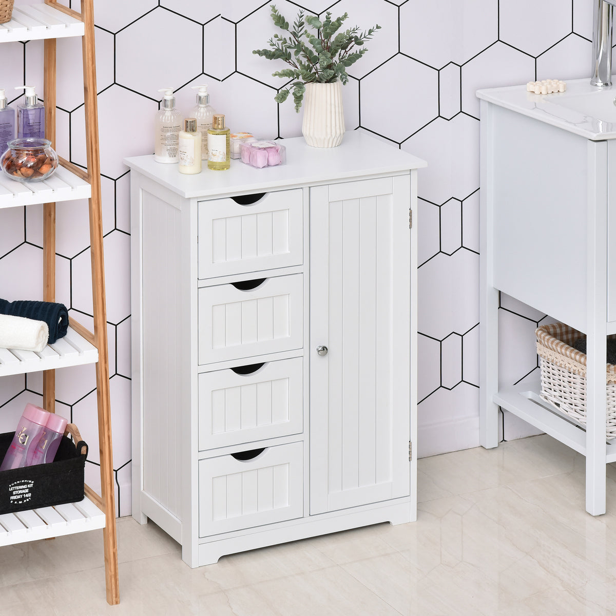 Armário Casa de Banho de Madeira Móvel Auxiliar Organizador Moderno de Madeira com 1 Armário e Gavetas 56x30x83 cm Branco — foto 2