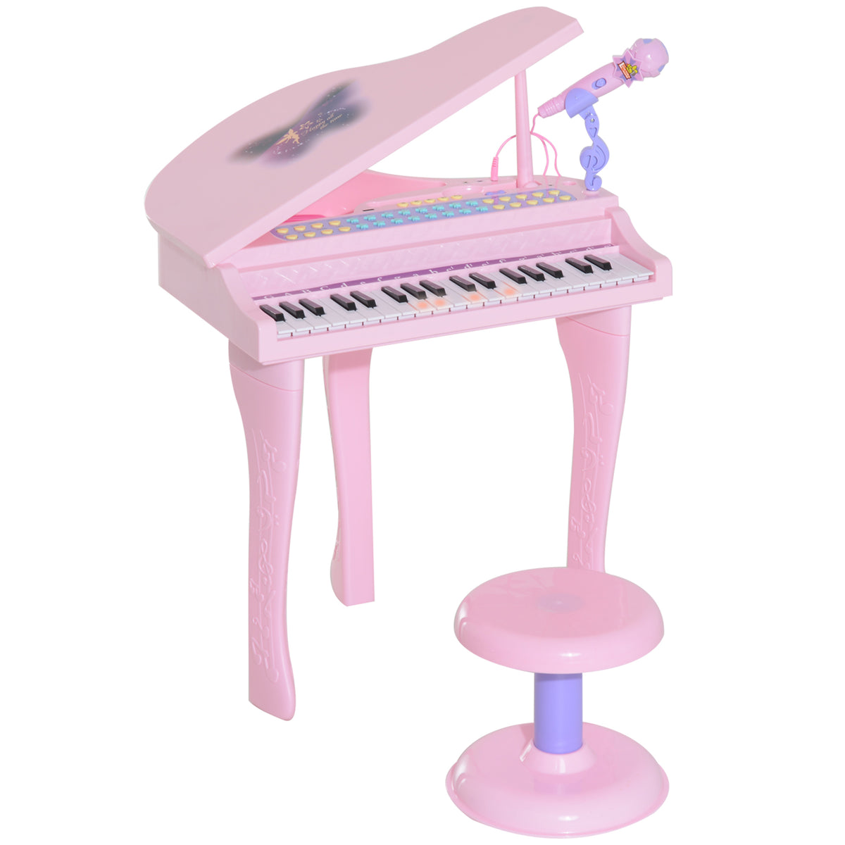 Piano para Crianças com 37 Teclas Piano Infantil com Microfone Banco Luzes 22 Músicas e Entrada para MP3 e USB 48x39x69 cm Rosa — foto 1