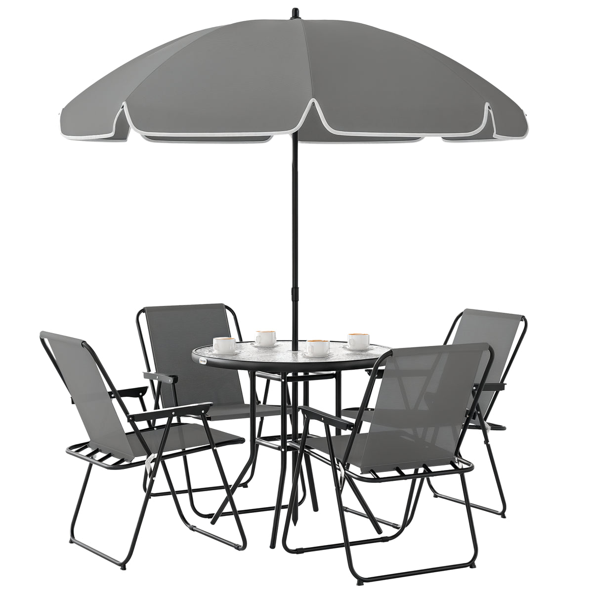 Conjunto de Mesa e Cadeiras de Jardim de 6 Peças Móveis de Jardim Exterior com 4 Cadeiras Dobráveis Mesa de Vidro e Chapéu de Sol para Terraço Pátio Cinzento — foto 1