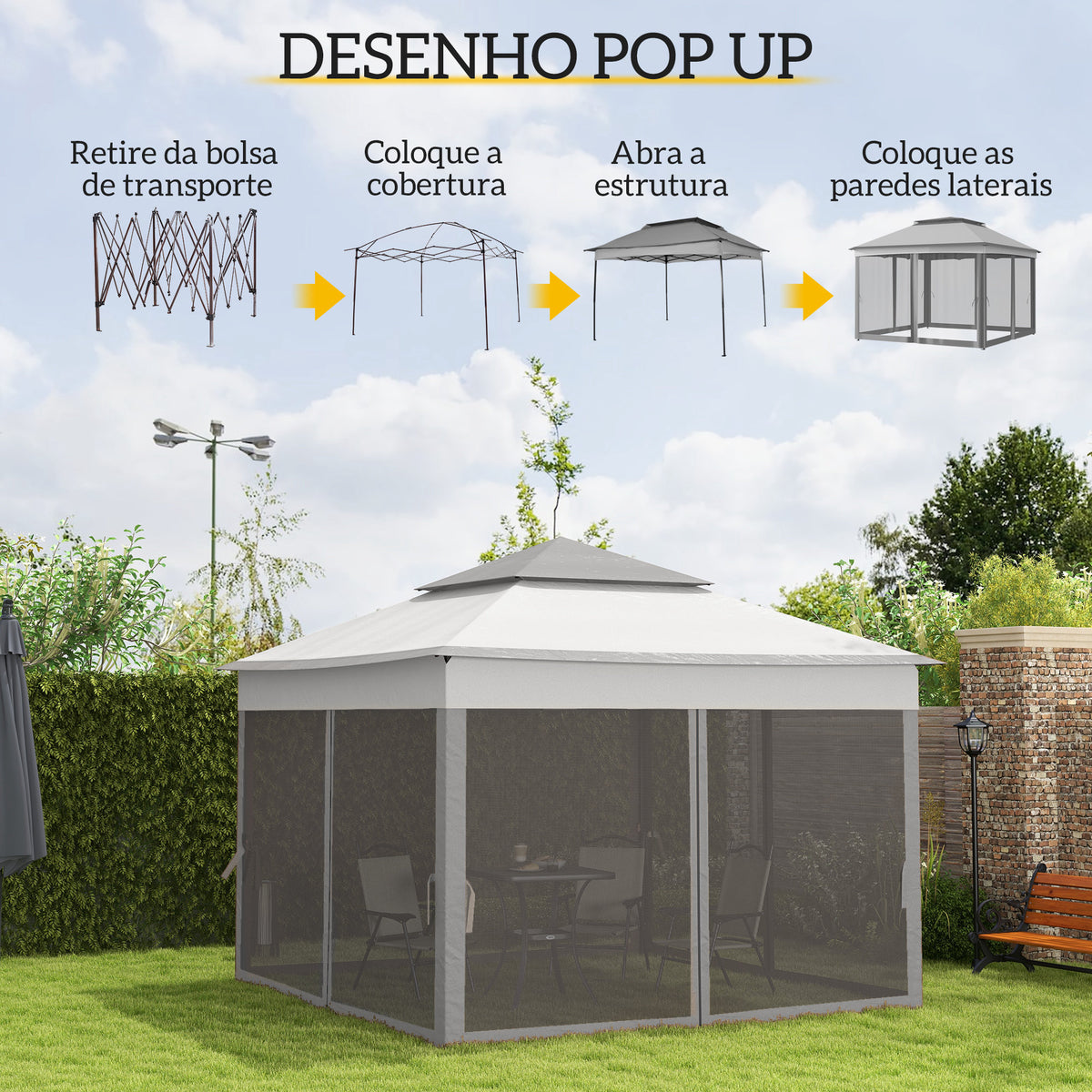Tenda Dobrável Exterior 325x325x270 cm Tenda de Jardim com Teto Duplo Rede Mosquiteira Amovível e Bolsa de Transporte para Jardim Pátio Cinzento — foto 4