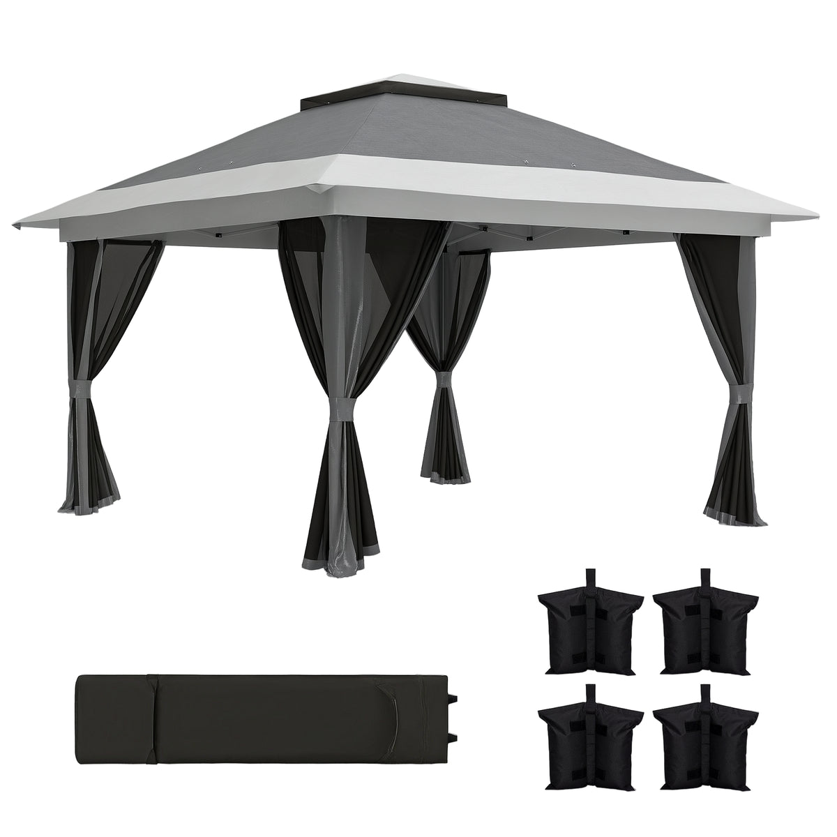 Pérgola Dobrável 356x356x280 cm Pérgola Dobrável com 4 Paredes Laterais de Malha Anti-UV Altura Ajustável Bolsa de Areia e Bolsa de Transporte para Campismo Festas Cinza Escuro — foto 1