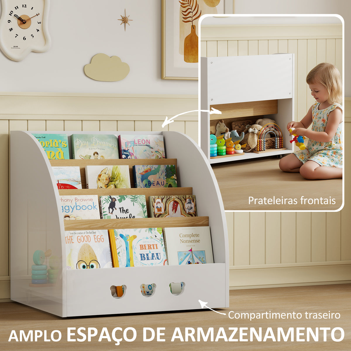 Estante Infantil para Brinquedos Organizador de Brinquedos de 4 Níveis com Compartimento Oculto para Quarto Infantil Sala de Jogos Creche 60x53x60 cm Branco e Madeira — foto 5