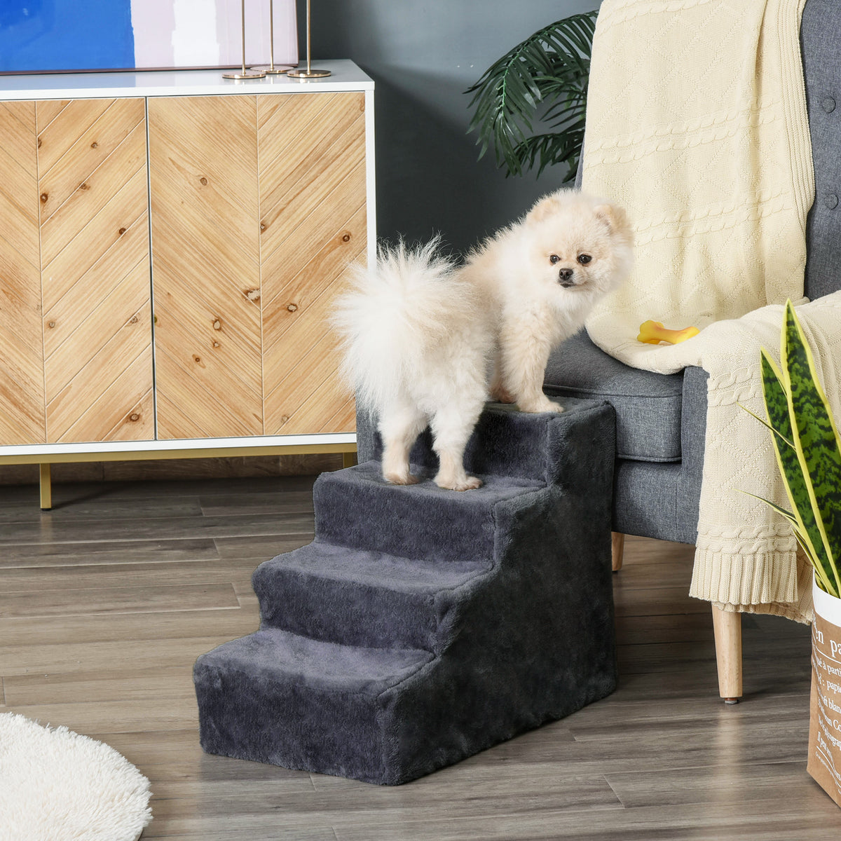 Escada para Animais de Estimação com 4 Degraus 2 em 1 com Capa Removível e Lavável Escada para Cães Gatos Carga 30kg 60x35x44 cm Cinza Escuro — foto 2