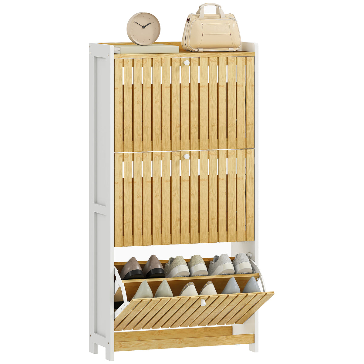 Sapateira Estreita com 3 Portas de Bambu em Ripas Móvel Sapateira com Prateleiras Ajustáveis para 18 Pares de Sapatos 60x24x118 cm Branco e Madeira — foto 1