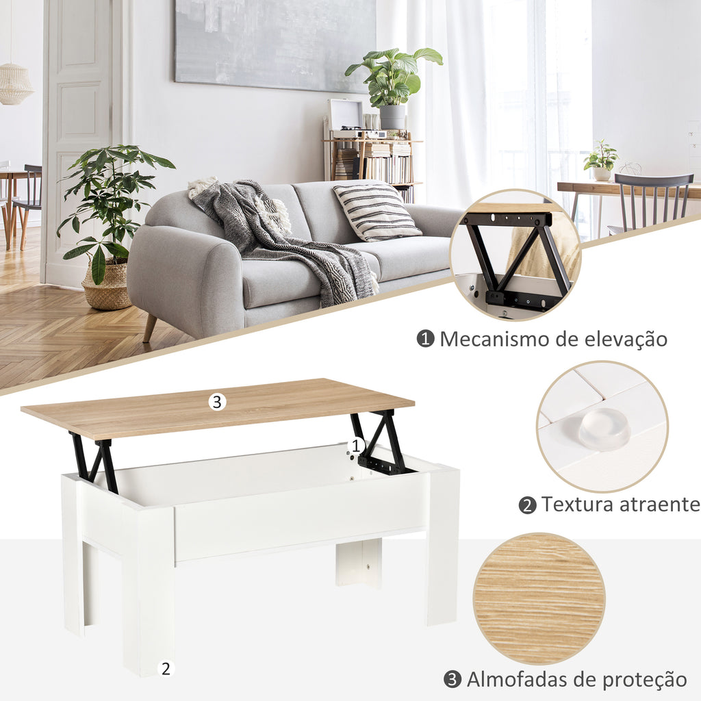 Mesa de Centro com Bancada Elevatória Mesa de Café com Compartimento Aberto e Oculto 100x50x45-58,5 cm Branco e Madeira — foto 6