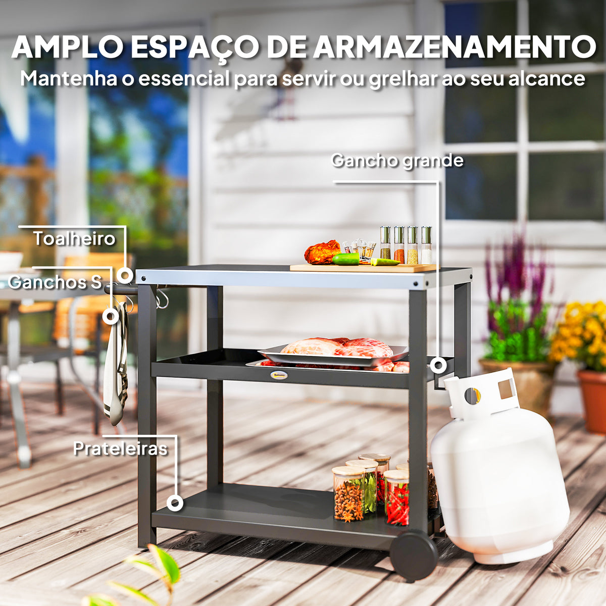 Carrinho de Barbecue de 3 Níveis Carrinho de Serviço com 2 Rodas Prateleiras Bancada em Aço Inoxidável e Alça Mesa para Forno de Pizza para Jardim e Pátio 102x50x81 cm Cinza Carvão — foto 5