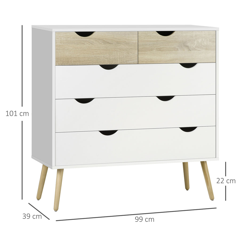 Cómoda com 5 Gavetas Cómoda de Quarto com Pés de Madeira Cómoda para Sala Escritório Estilo Nórdico 99x39x101 cm Branco e Carvalho — foto 3