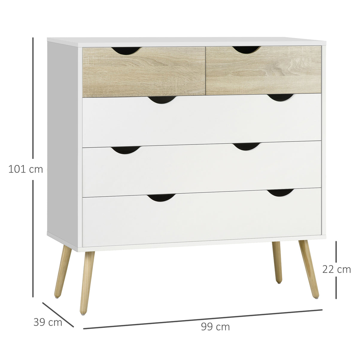 Cómoda com 5 Gavetas Cómoda de Quarto com Pés de Madeira Cómoda para Sala Escritório Estilo Nórdico 99x39x101 cm Branco e Carvalho — foto 3