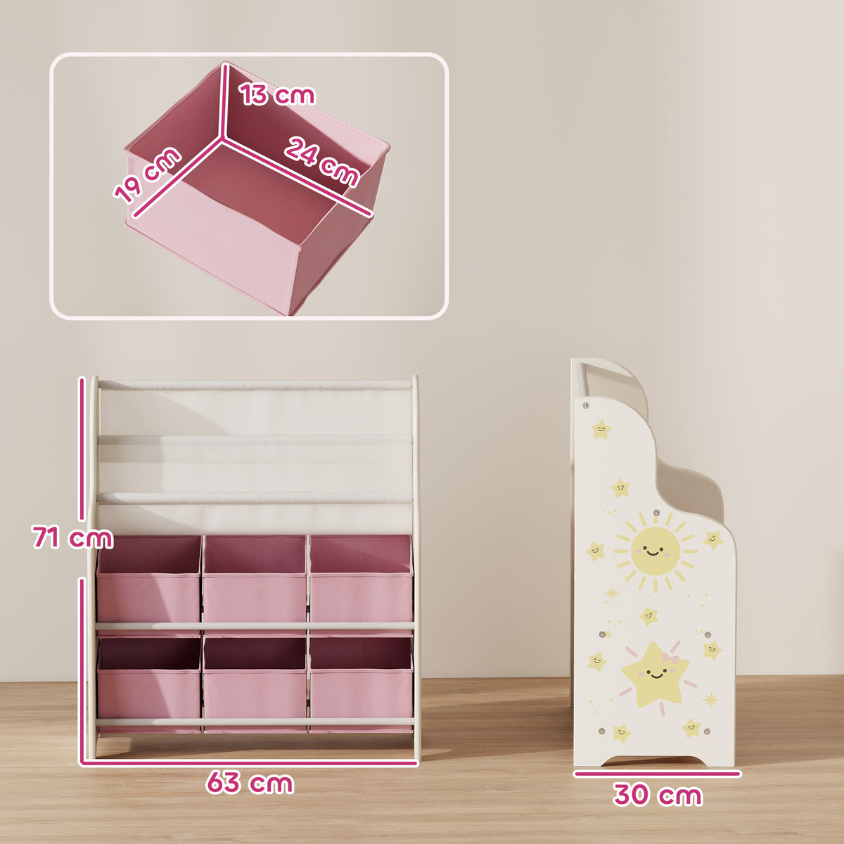 Estante Infantil para Brinquedos com 6 Caixas de Tecido Não Tecido Organizador de Brinquedos com 2 Prateleiras para Quarto Infantil Sala de Brincar Escola Infantil 63x30x71 cm Rosa — foto 3