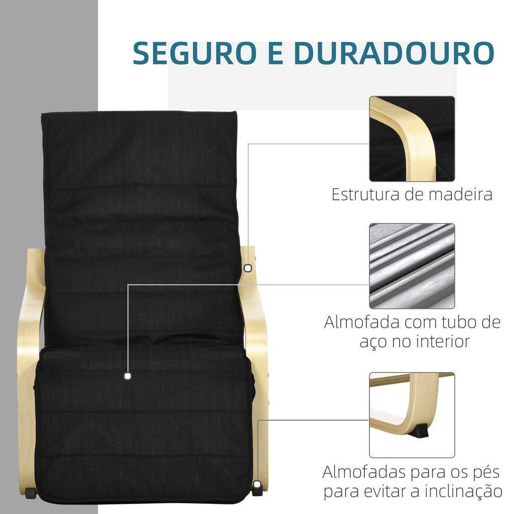 Poltrona de Sala de Estar com Apoio para os Pés Ajustáveis Poltrona para Dormitório Estofada em Tecido com Estrutura de Madeira Carga 120 kg para Escritório Estúdio 66,5x94x100 cm Preto — foto 6