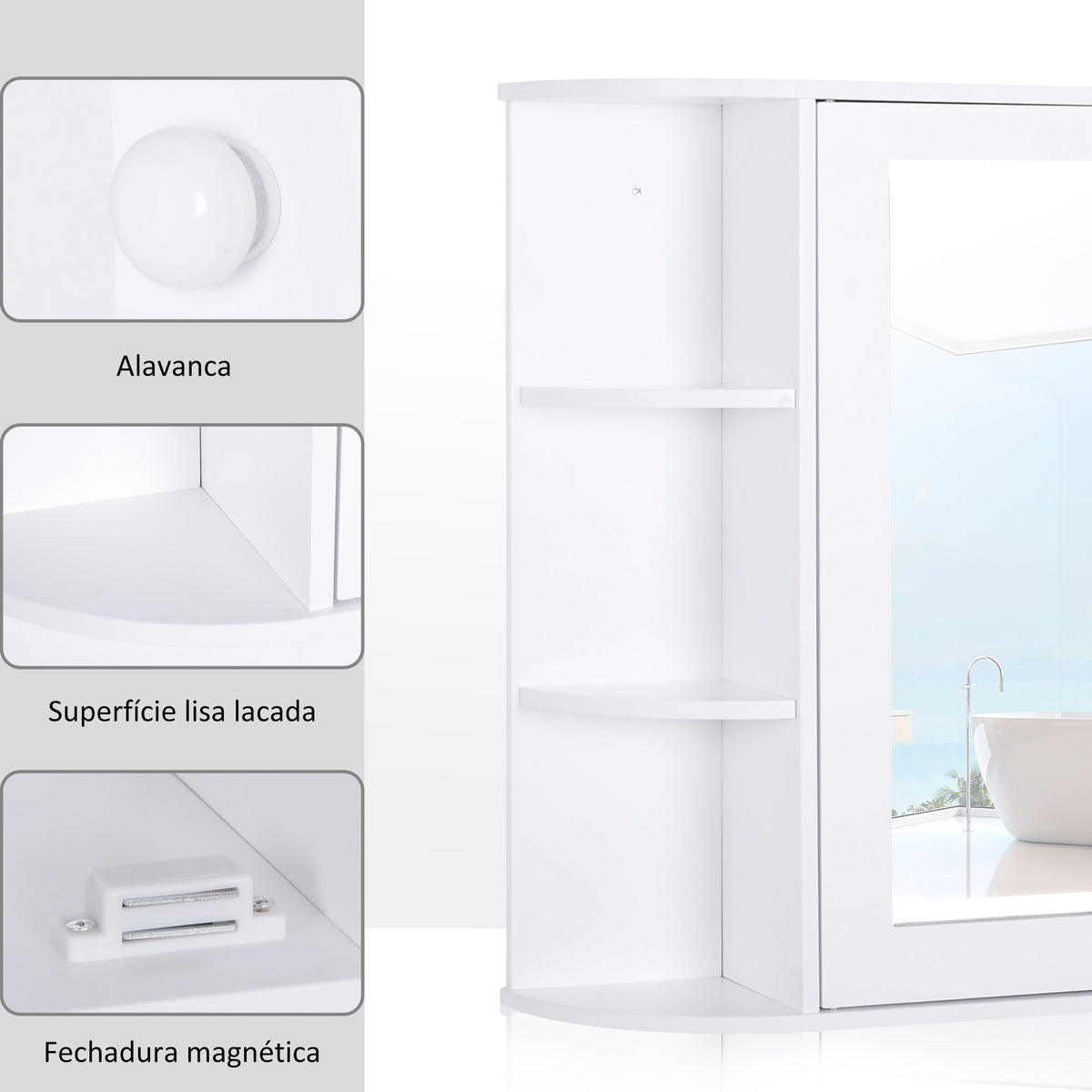 Armário de Casa de Banho com Espelho Móvel Suspenso de Casa de Banho com 1 Porta 2 Prateleiras Interiores e 6 Prateleiras Laterais para Sala de Estar Cozinha Dormitório 66x17x63cm Branco — foto 4