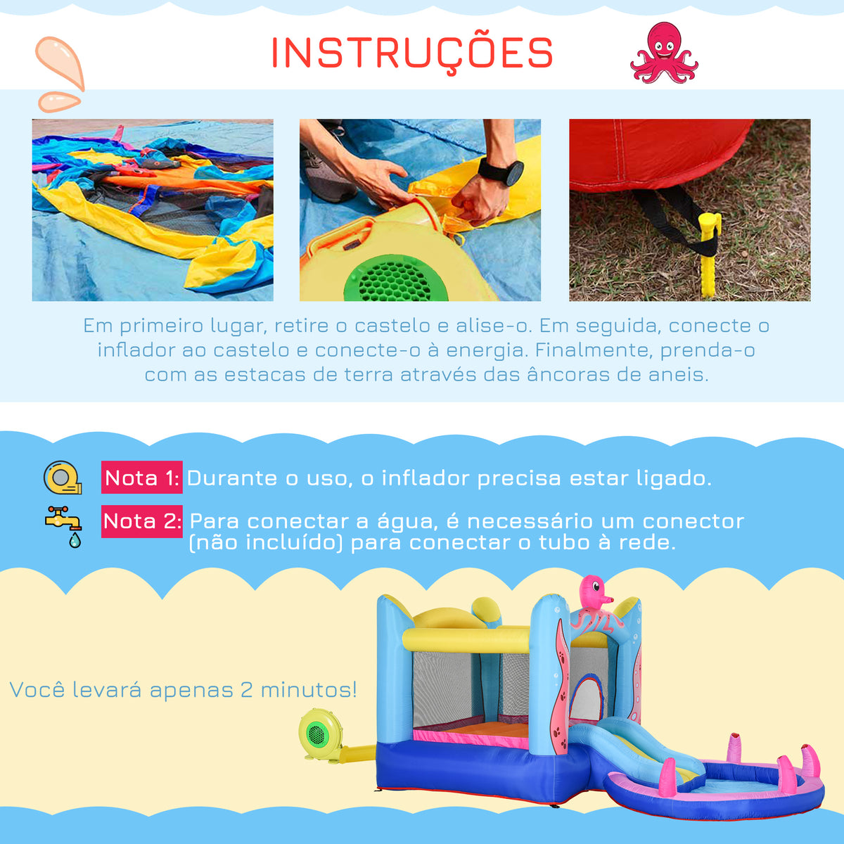 Castelo Insuflável com Escorrega Trampolim e Piscina para Crianças acima de 3 Anos Inclui Insuflador e Bolsa de Transporte para Interior e Exterior 360x175x180cm Multicor — foto 6