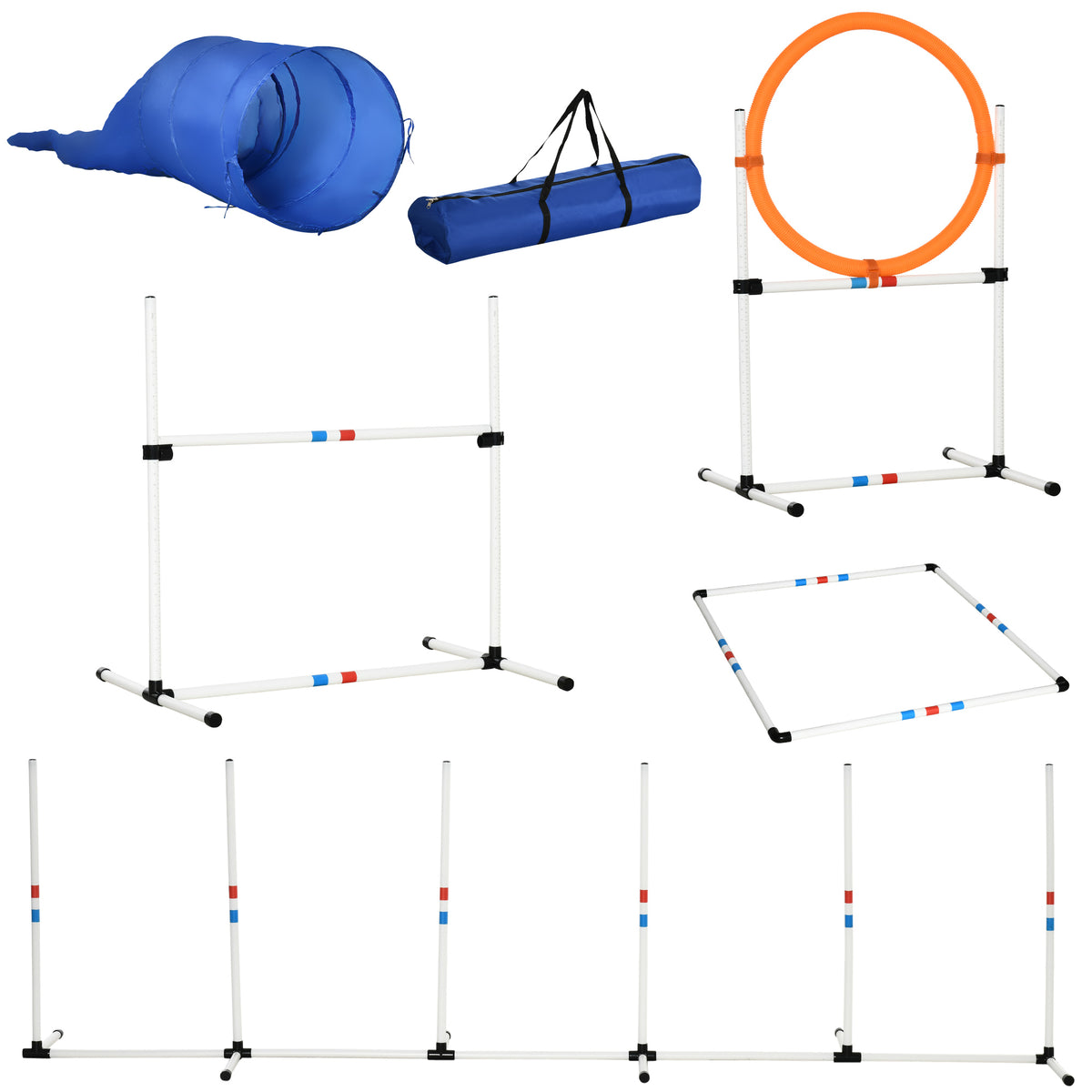 Conjunto de Treino de Agility para Cães com Ø60x300cm Túnel Salto Obstáculos e Bolsa de Transporte Incluída Branco e Azul — foto 1