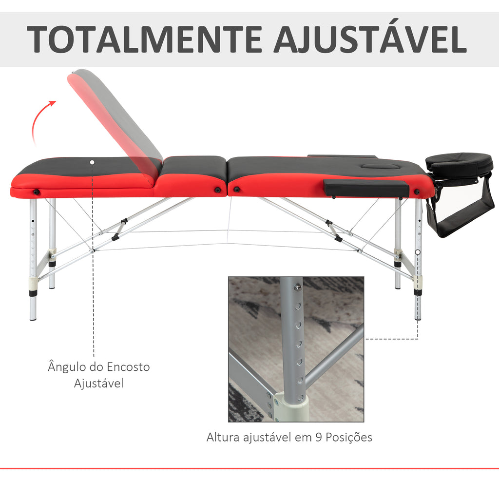 Marquesa de Massagem Dobrável e Portátil Mesa de Massagem com Altura Ajustável Apoio para a Cabeça e Apoio para os Braços 215x60x61-84 cm Preto e Vermelho — foto 7
