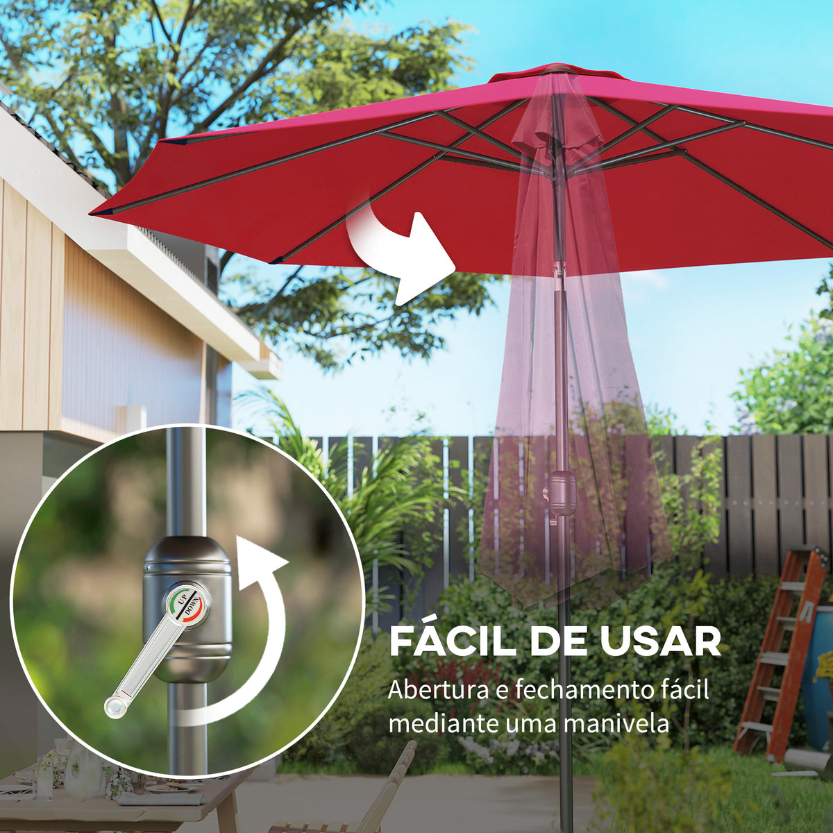 Chapéu de Sol de Jardim Ø295x250cm com Manivela Chapéu de Sol Exterior com Mecanismo de Inclinação e Mastro Desmontável de Metal para Terraço Piscina Pátio Vinho — foto 5