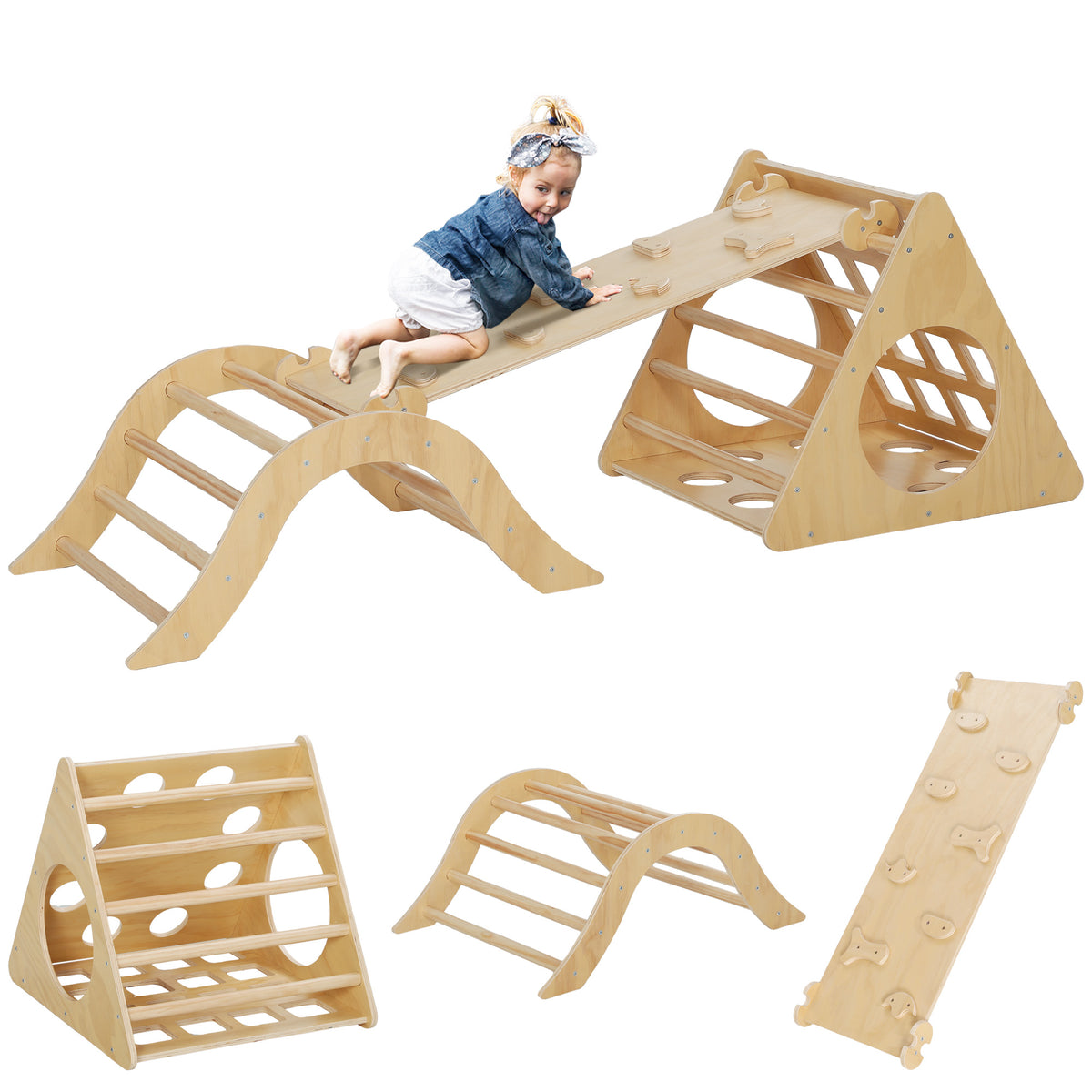 Triângulo de Escalar de Madeira 8 em 1 Jogo de Aprendizagem para Crianças de 18-48 Meses com Rampa Escada em Forma de Arco e Bolsa de Areia 175x59,5x60 cm Madeira — foto 1