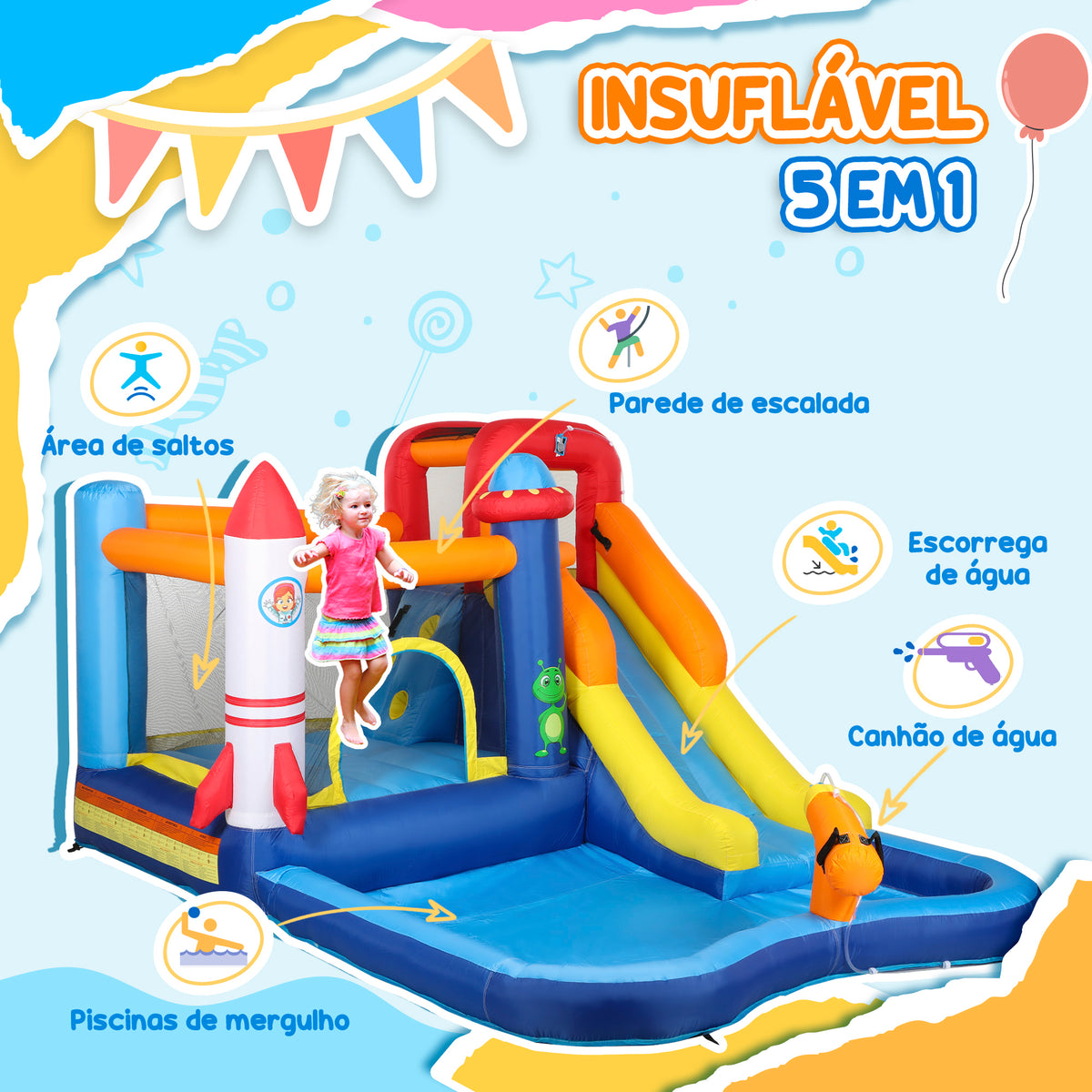 Castelo Insuflável com Insuflador 5 em 1 Parque Aquático Insuflável para Crianças com Escorrega Piscina Parede de Escalada e Canhão de Água para Exteriores e Interiores 360x250x195 cm Multicor — foto 4