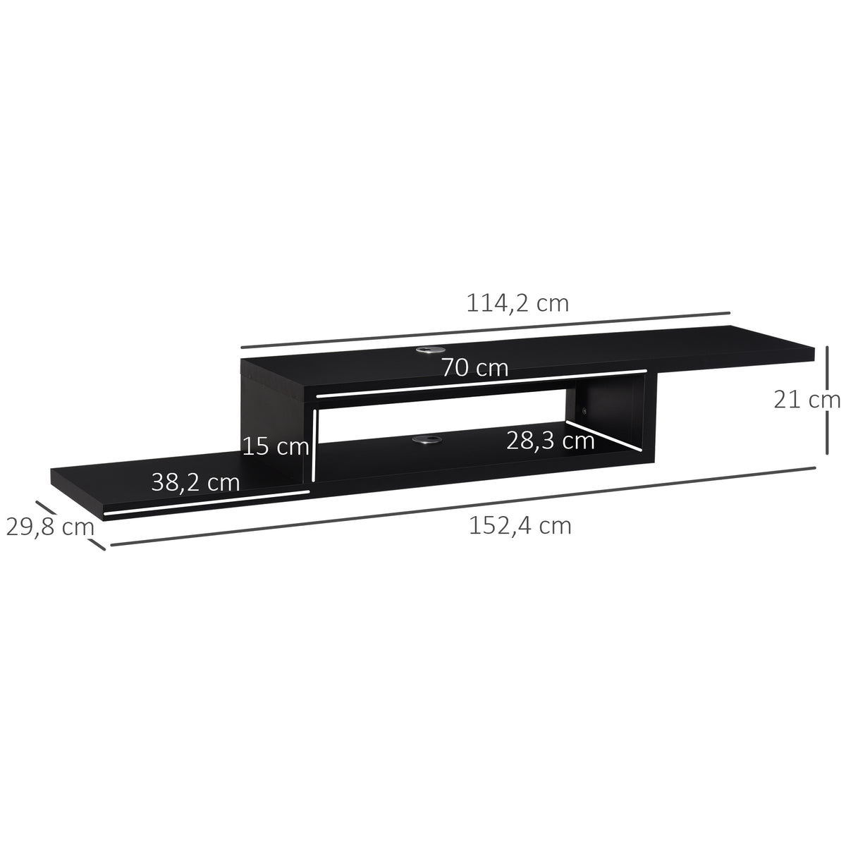 movel flutuante de TV para televisão de até 60 polegadas com 2 prateleiras de madeira 152,4x29,8x21 cm Preto — foto 3