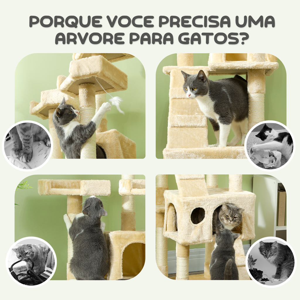 Arranhador para Gatos Grande 49x49x173 cm com Múltiplos Níveis Cavernas Brinquedos Suspensos Centro de Atividades de Sisal Bege — foto 7